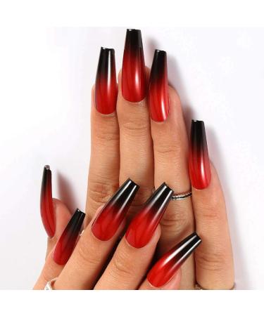 Outyua Halloween Red Black Press On Nails - Ombre Coffin Acrylic Designs for Women & Girls | 24Pcs Long Fake Nails - Buy Online on GoSupps.com