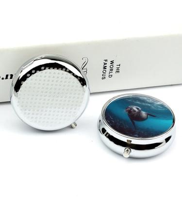 Underwater Sea Lion Print Round Pill Box | 3 Compartment Decorative Metal Pill Organizer | Portable Pocket Medicine Case - Buy Online on GoSupps.com