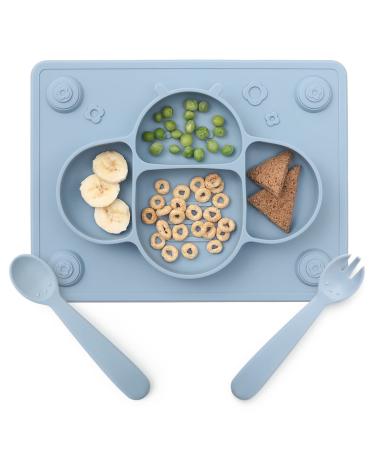 Upgraded  ROCCED Suction Plates for Baby placemat Spoon Fork Set for Toddlers  Silicone Baby Plates with Suction Baby Dishes for Kids Plates-Dusty blue Dark Blue
