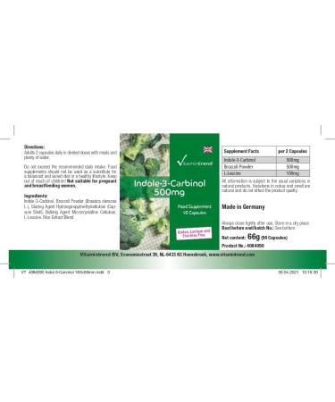 Indol-3-Carbinol 500mg - 90 Capsules - With Broccoli Powder Supplementary - Vegan | Vitamintrend  - Buy Online on GoSupps.com
