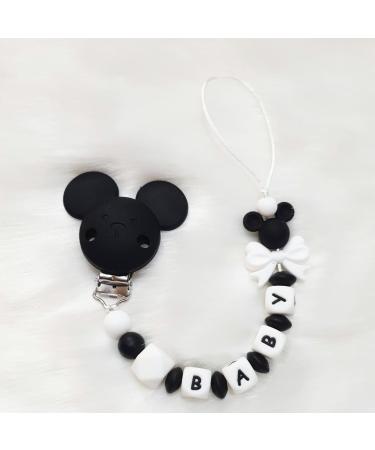 Mouse silicone pacifier chain set with name for girls and boys - cute bow with desired name (black)