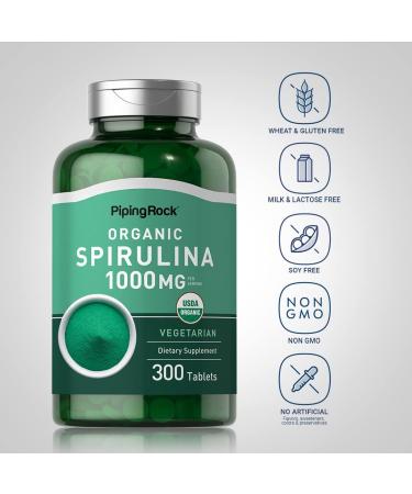 Piping Rock Organic Spirulina Capsules 1000mg | 300 Tablets | Blue Green Algae Pills | Vegetarian Non-GMO Gluten Free Supplement - Buy Online on GoSupps.com