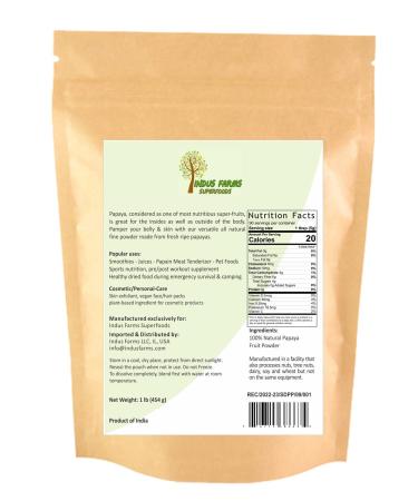Indus Farms 100% Natural Papaya Fruit Powder 1 LB (Pack of 2) - Nutritious Papain Food Tenderizer for Baking, Smoothies, Salads - GMO-Free, Vegan (2 Pack) - Buy Online on GoSupps.com
