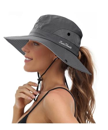 Sun Hats for Women Beach Hat Ponytail Hat Womens Sun Hat with UV Protection Wide Brim Grey