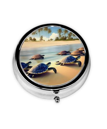 Turtles On The Beachround Pill Box 3 Compartment Round Pill Box Organizer # Portable Travel Pill Box for Traveling.