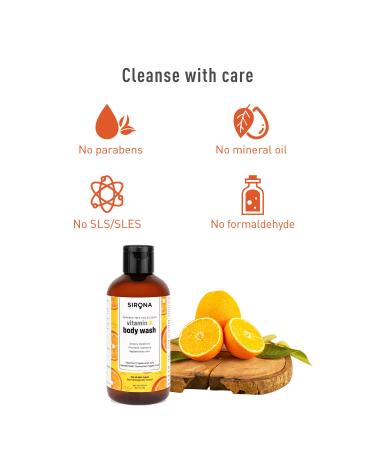 Sirona Natural Vitamin C Body Wash - 200ml Gel with Hyaluronic Acid & Sandalwood for Radiant Skin - Unisex Shower Gel - International Shipping - Buy Online on GoSupps.com