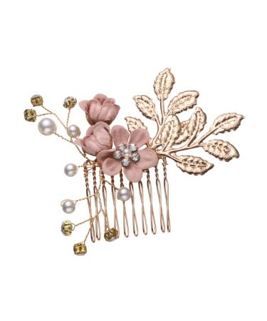 Housoutil Flower Hair Accessories Jeweled Hair Combs Crystal Hair Comb Pearl Hair Comb Wedding Rhinestone Hair Comb Crystal Hair Accessories Bridal Headpiece Pink Rhinestones Bride Veil