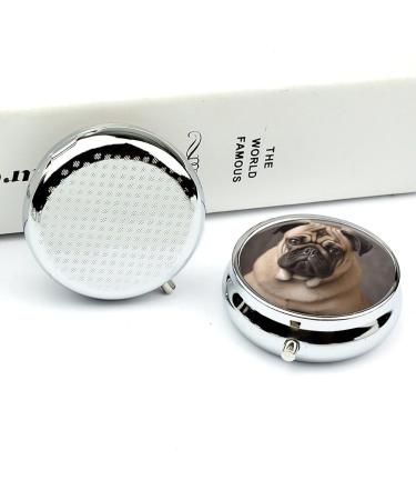 Round Pill Box with Pug Dog Print - 3 Compartment Decorative Metal Pill Organizer | Portable Pocket Pill Case - Buy Online on GoSupps.com