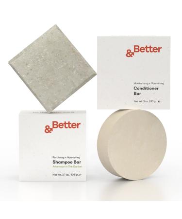 &Better All-Natural Shampoo and Conditioner Bar Set | Handcrafted in Canada with Organic Shea Butter | Plastic-Free + Sustainable | Shampoo (Afternoon in The Garden) + Conditioner (No Fragrance)
