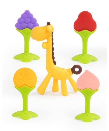 Teething Toys for Babies 5 Pack Silicone Baby Teethers Frozen Baby Teething Toys Giraffe Teething Toy Fruit Shape BPA-Free Natural Organic Soft & Textured