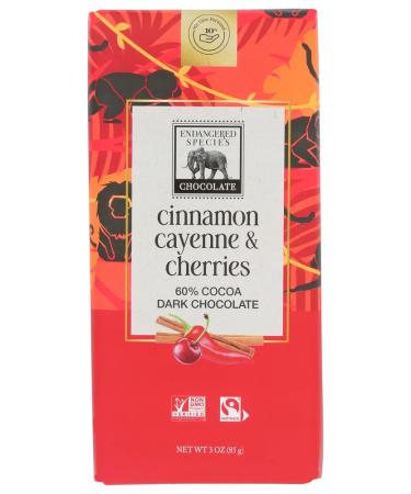 Endangered Species - Dark Chocolate Bar 60% with Cinnamon Cayenne and Cherries - 3 oz.pack of 2