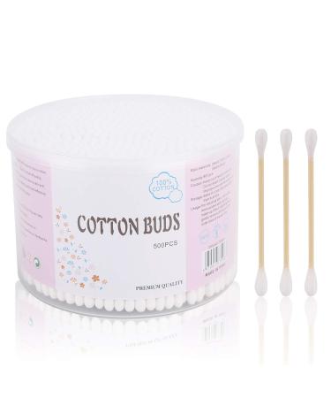 500pcs Cotton Swabs with Natural Hard Wooden Stick, Double Round Head Cotton Buds for Daily Use