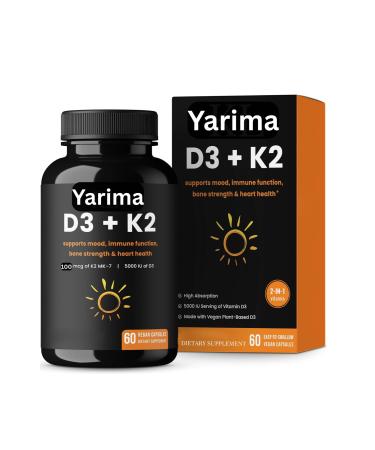 Yarima Vitamin D3 + K2 with Coconut Oil Vegan Vitamin D3 5000 IU & MK7 Vitamin K2 100 mcg Bone Heart & Immune Support 60 Capsules