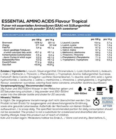 EAA Powder Tropical 500G - Vegan Essential Amino Acids | 11G Protein | No Aftertaste - BIOS Nutrition (Made in Germany) - Buy Online on GoSupps.com