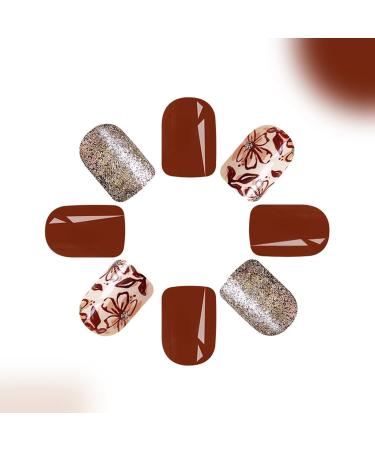 Fall Press On Nails - Short Glitter & Flower Designs - 24 Pcs Red Brown Acrylic - Glue-On Fake Nails for Women - Buy Online on GoSupps.com