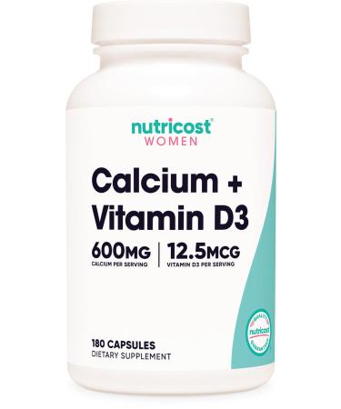 Nutricost Calcium (600mg) + Vitamin D3 (12.5mcg) for Women 180 Capsules - Vegan Non-GMO Gluten Free - 60 Servings