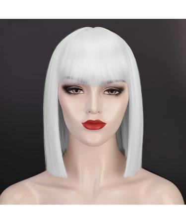 ENTRANCED STYLES Short White Wig With Bangs, Bob Wigs For Women Cosplay Wigs Heat Resistant Synthetic Wigs Party Halloween Cosplay Use
