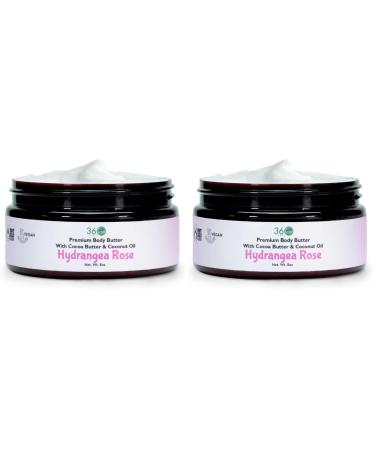 360Feel Hydrangea Rose Body Butter - Cocoa & Shea Butter - Coconut & Olive Oil - Plant-based Formula - Nourishing Moisturizer for Sensitive Skin - Non-greasy Daily Skincare (Pack of 2) 8 Fl Oz (Pack of 2) Hydrangea Rose