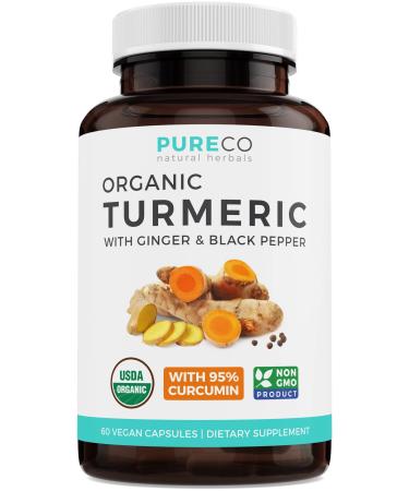 USDA Organic Turmeric Curcumin with Black Pepper and Ginger (Vegan) Natural Joint Support Supplement with Tumeric and Ginger Root Powder - 60 Capsules (No Pills)