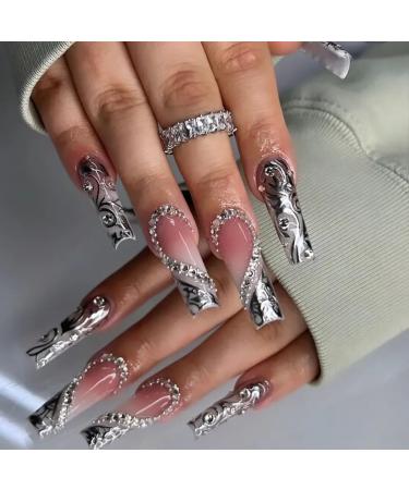 Press on Nails Long Square Fake Nails Black French False Tip with Rhinestones Charms Design Glue on Nails 3D Heart Stick on Nails Elegant Glitter Glossy Acrylic Nails for Women Manicure 24Pcs Style-17 1 Fl Oz (Pack of 1)