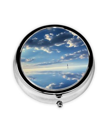White Clouds Over The sea Portable Metal Pill Box Round Mini 3-Compartment Plastic Insert hinged Fastening Design Suitable for Small Pills Must-Have for Travel Black