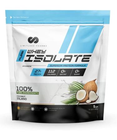 Limitless Pharma Pure Whey Isolate | High Protein Whey Isolate Protein Powder | 27g Protein 6g BCAAs Sugar Free Gluten Free Low Carb Low Lactose | 74 Servings 5LB (Coconut Island) Coconut Island 5LB