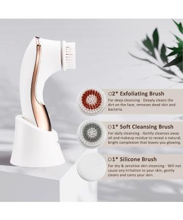 Electric Facial Cleansing Brush - Rechargeable Exfoliator for Deep Cleansing & Massaging | IPX-7 Waterproof with 4 Brush Heads - White & Rose Gold - Buy Online on GoSupps.com