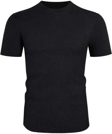 Mens Casual Slim Fit Turtleneck T-Shirt in Black | Rib Knitted Stretch Pullover Sweater - Buy Online on GoSupps.com