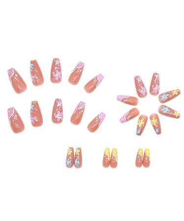Justotry 24 Pieces Coffin Nails - Pink French Press On Ballerina Artificial Nails with Flower Designs for Women - Buy Online on GoSupps.com