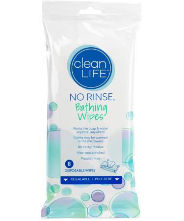 No-Rinse Bathing Wipes by Cleanlife Products, Premoistened and Aloe Vera Enriched for Maximum Cleansing and Deodorizing - Microwaveable, Hypoallergenic and Latex-Free (8 Wipes)