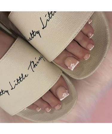 French Tip Press on ToeNails - Press On ToeNails with Nail Tips Pink and white flowers Design Glossy White stamen press on nails Acrylic False Nails Cute Artificial Nails
