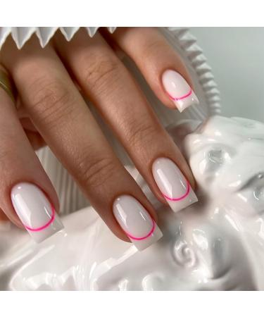 Quadratical short nails to stick on mouyouglow pink arch line white French tip for pressing 24 pieces of artificial nails with glue acrylic full cover artificial nails for women BB24
