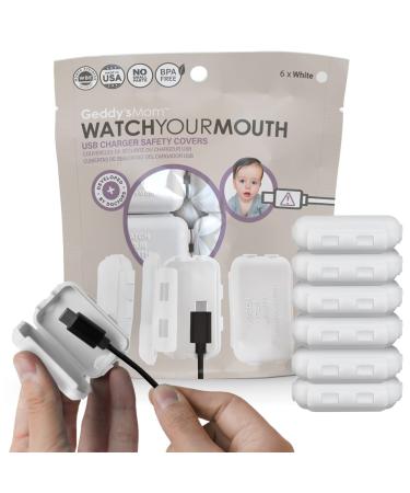 Geddy's Mom - Watch Your Mouth - The Award Winning USB Charger Child Safety Cover - Made in The USA - Baby Proofing Toddler Shock Prevention (6 Pack White)