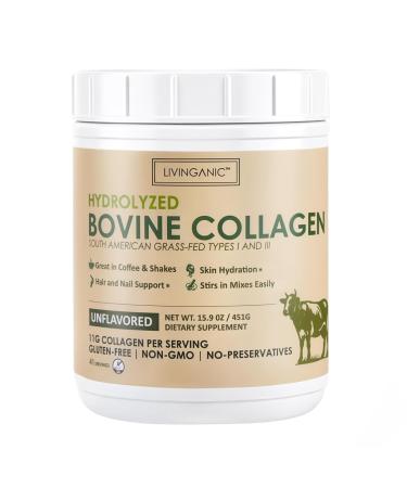 LIVINGANIC Collagen Peptides Powder Unflavored 15.9oz, Hydrolyzed Bovine Collagen 41 Servings Types I & III, Grass-Fed, Pasture-Raised Protein, Zero Sugar Supplement