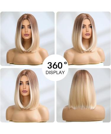 OUFEI 14 Short Straight Blonde Bob Wig with Brown Roots - Synthetic Hair for Women | Cosplay & Party Ombre Blonde Wig - Buy Online on GoSupps.com
