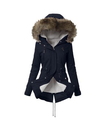 Haiorziyou women winter parka lined winter jacket long -sleeved cotton jacket with hood zipper bag coat women winter warm transition jacket thicker fleece jacket parka quilting coat 3xl navy