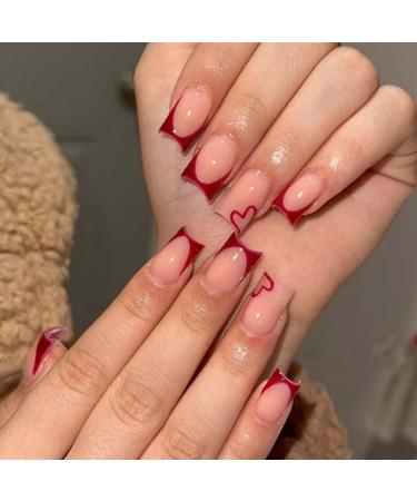 YoYoee Short Square False Nails French Press on Nails Red Fake Nails Acrylic Cute Nails Tips for Women and Girls 24PCS