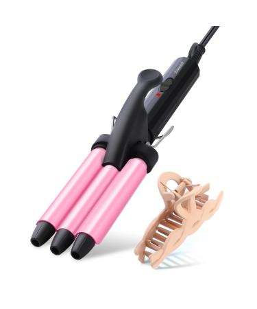 Mini Three Barrel Curling Iron, Small Curling Wand 1/2 Inch for Home and Travel, Ceramic Tourmaline Add Shine to Waves, Youuish Dual Voltage Hair Crimper, Pink