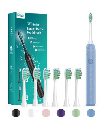 Electric Toothbrush for Adults with 6 Brush Heads - Sonic Electric Toothbrush with Toothbrush Holder and Travel Case One Charger for 180 Days Type C Cable Blue 1 count (Pack of 1)