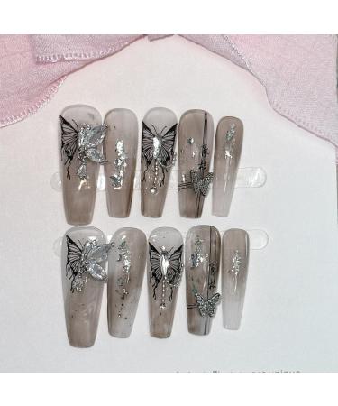 Handmade butterfly long ladder for wearing nails fake nails manicure patches finished products(Size:XS)