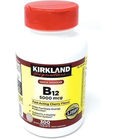 Kirkland Signature Vitamin B12 5000 mcg 300 Tablets - Quick Dissolve Cherry Flavor - Brain & Heart Support - 1 Pack - Buy Online on GoSupps.com