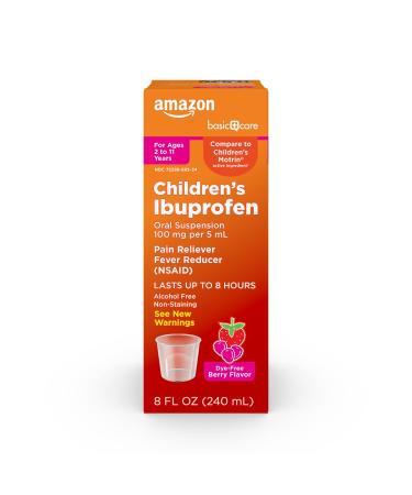 Amazon Basic Care Children's Ibuprofen Oral Suspension 100 mg per 5 mL Pain Reliever and Fever Reducer (NSAID) Dye-Free Berry Flavor Liquid Medicine for Sore Throat Headache & Toothache 8 Fl Oz