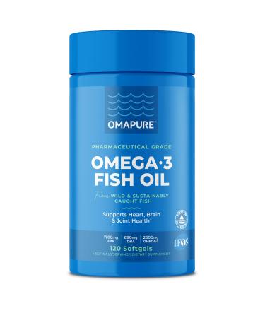 OMAPURE Fish Oil Supplements with Omega 3 Fatty Acids (1 Bottle 120 Softgels) - High EPA DHA & IFOS Fish Oil Pills Support Heart & Joint Health - Burpless Fish Oil Promotes Brain Function
