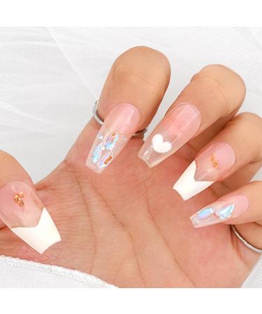 Sethexy Handmade Long Coffin False Nails with Road Stones & Sequins 3D Crystal Love Heart Design Removable Acrylic Nails for Women & Girls - Buy Online on GoSupps.com