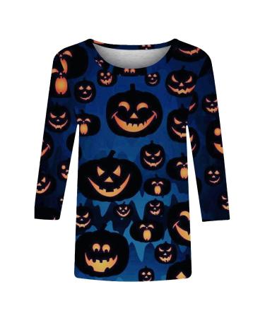 Halloween Costumes Quarter Sleeve Holiday Printed Basic Top Hot Women Blouse Blue Large