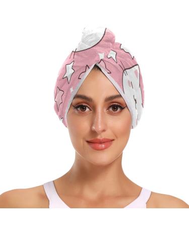 White Cat Head Stars Hair Towel 2 Pack Super Absorbent Hair Drying Towel Quick Dry Hair Turbans Head Towel with Button Twisty Wrap for Women Girls
