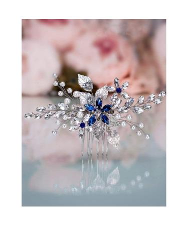 Bridal Sapphire Crystal Hair Comb Pearl Blue Crystal Leaf Marquise Hair Piece Prom Party Festival Wedding Hair Accessories for Women and Girls (Silver) Snap Clips
