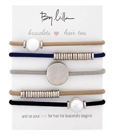 By Lilla Marble Mini Stack Ponytails Hair Ties and Bracelets - Set of 5 Hair Tie Bracelets - Hair Ties for Women - No Crease Hair Ponytails & Women s Bracelets (Pearl/Black/Gray/Starfish)