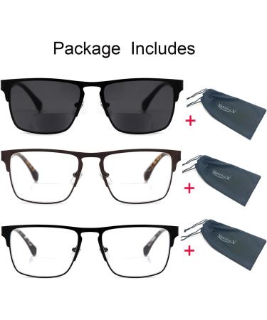 Buy 3 Pack Bifocal Reading Glasses | Square Metal Spring Hinge Sunglasses for Men & Women - 2.5x Magnification - Buy Online on GoSupps.com