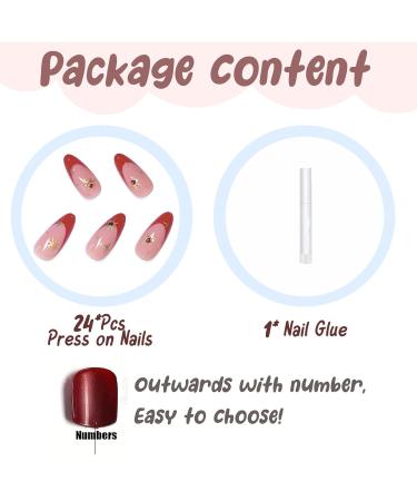 Buy BABALAL Medium Almond French Tip Press on Nails - 24pcs Red Rhinestone Acrylic Glossy Stiletto - International Shipping Available - Buy Online on GoSupps.com